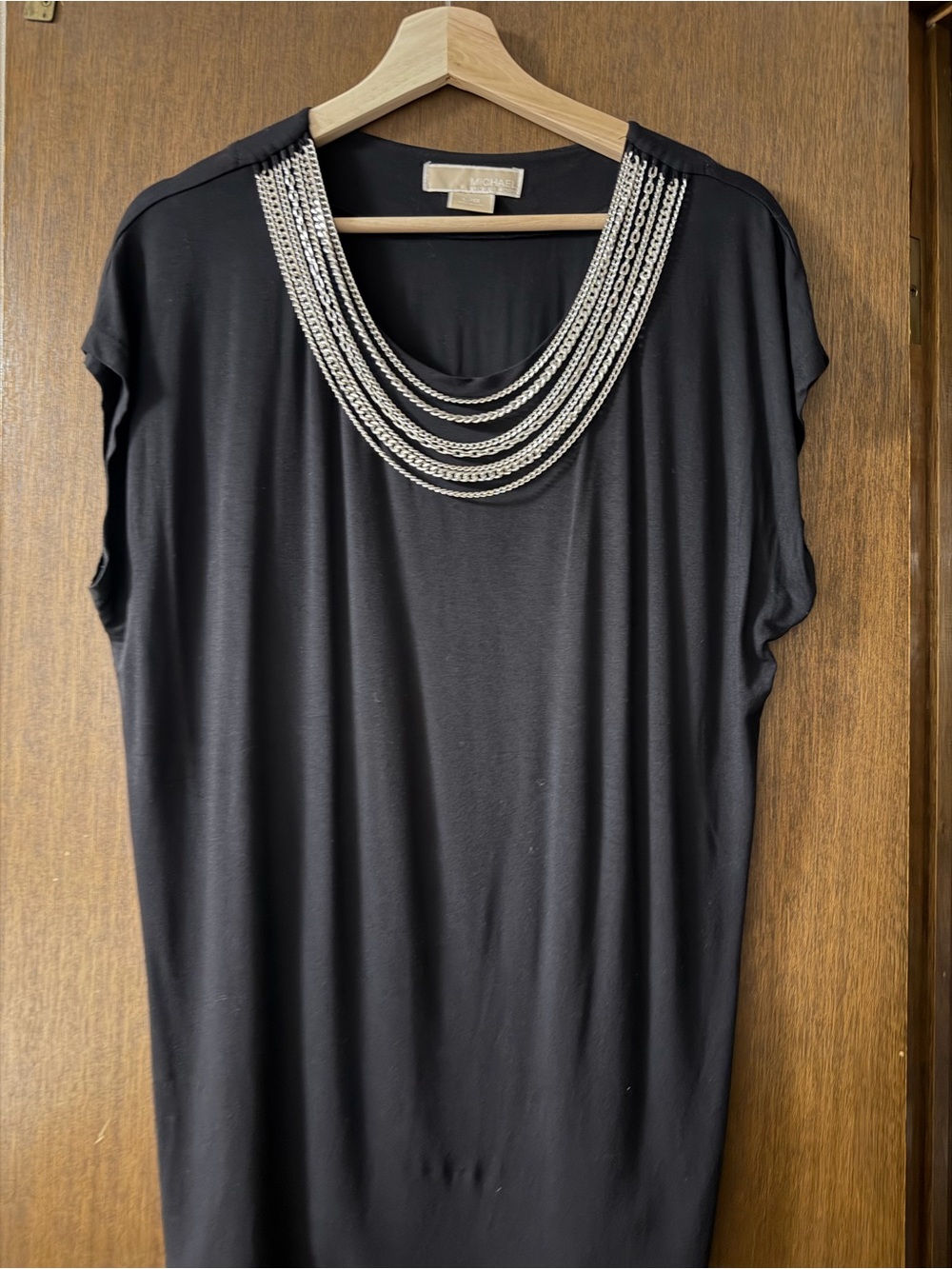 MICHAEL Michael Kors Black Short Sleeve Top with Silver Chain Neckline